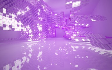 Abstract white interior highlights future. Polygon pink drawing. Architectural background. 3D illustration and rendering