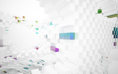 abstract architectural interior with white sculpture and geometric gradient glass box. 3D illustration and rendering