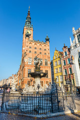 Fountain of the Neptune at sunny day. Old town of Gdansk, Poland © dziewul
