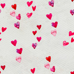 Happy Valentines Day. Seamless pattern with red watercolor hearts.