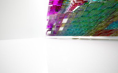 abstract architectural interior with gradient geometric glass sculpture. 3D illustration and rendering