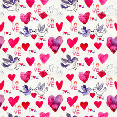 Happy Valentines Day. Seamless pattern with red watercolor hearts and birds.
