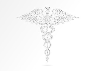 Caduceus health symbol. Low poly wireframe illustration. Raster polygonal image, consisting of points, lines, and shapes in the form of stars, triangles with destructing shapes on white background