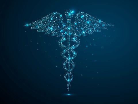 Caduceus health symbol. Low poly wireframe illustration style. Raster polygonal image in the form of a starry sky or space, consisting of points, lines, and shapes in the form of stars