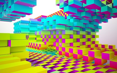 Abstract dynamic interior with gradient colored objects. 3D illustration and rendering