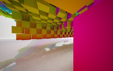 Abstract dynamic interior with gradient colored objects. 3D illustration and rendering
