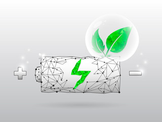 Battery Charging ECO Icon form lines and triangles point with a green leaf that grows of it on white background. Low poly wireframe, polygonal raster illustration