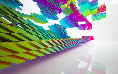 Abstract dynamic interior with gradient colored objects. 3D illustration and rendering