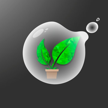 ECO Green leaf that inside the flying bubble on gray background. Abstract ecological concept art, green energy raster illustration