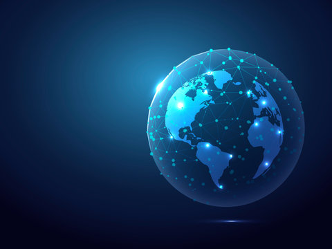 Abstract image of a planet Earth view from space. Raster polygonal Globe in the form of starry sky, consisting of points, lines, and shapes Ozone layer or ozone shield - Powered by Adobe