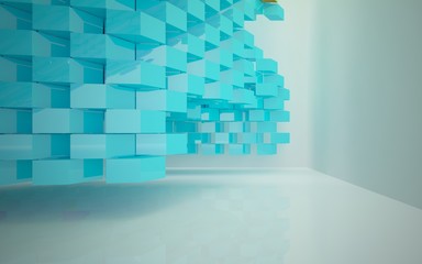 Abstract dynamic interior with gradient colored objects. 3D illustration and rendering