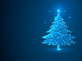 New year tree made from lines, triangles, point connecting network on blue background. Holiday wireframe concept. Low-poly Raster polygonal illustration