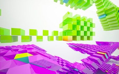Abstract dynamic interior with gradient colored objects. 3D illustration and rendering