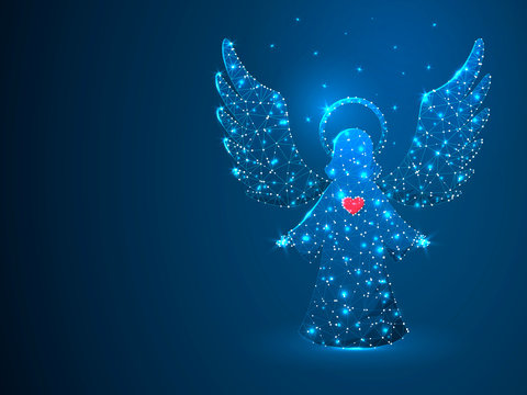 Christmas Angel with red heart holding stars. Polygonal low poly with connecting dots and lines. Holiday wireframe concept. Connection structure. Raster image