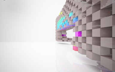 Abstract white interior of the future, with glossy brown and colored gradient sculpture. 3D illustration and rendering
