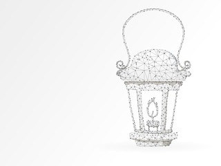 Origami style Lantern with the candle. Polygonal space low poly with connecting dots and lines. Light in the dark concept. Connection wireframe structure. Raster on white background