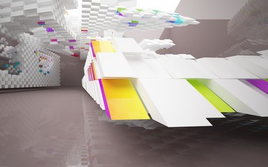 Abstract white and colored gradient interior of the future, with glossy brown wall and floor. 3D illustration and rendering