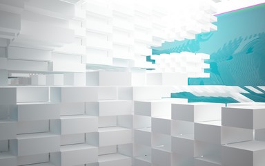 Abstract white interior of the future, with glossy gradient colored water wall and floor. 3D illustration and rendering
