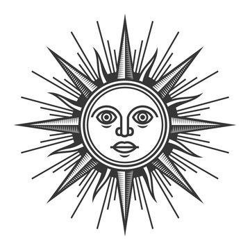 Antique Sun Face Icon on White Background. Vector