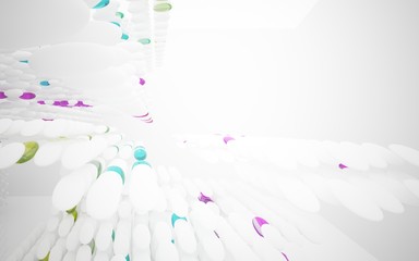 White smooth abstract architectural background whith colored gradient lines . 3D illustration and rendering