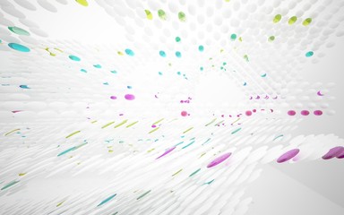 White smooth abstract architectural background whith colored gradient lines . 3D illustration and rendering