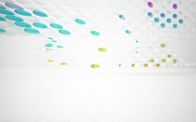 White smooth abstract architectural background whith colored gradient lines . 3D illustration and rendering