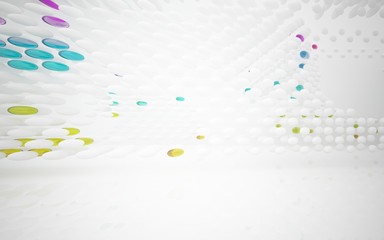 White smooth abstract architectural background whith colored gradient lines . 3D illustration and rendering