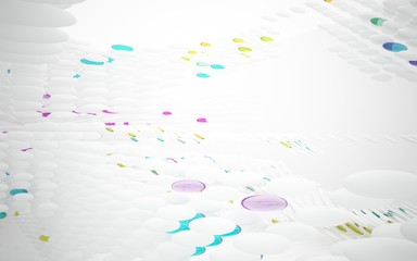 White smooth abstract architectural background whith colored gradient lines . 3D illustration and rendering