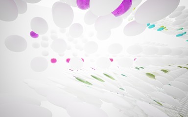 White smooth abstract architectural background whith colored gradient lines . 3D illustration and rendering