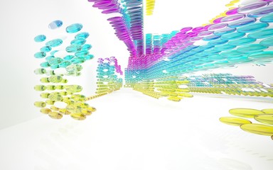 abstract architectural interior with colored smooth glass sculpture. 3D illustration and rendering