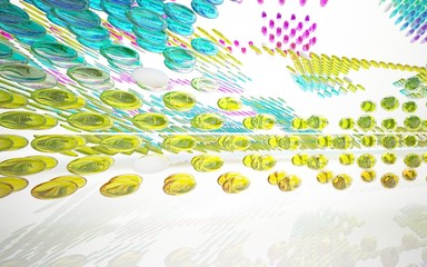 abstract architectural interior with colored smooth glass sculpture. 3D illustration and rendering