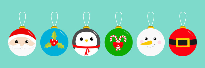 Merry Christmas ball toy hanging icon set. Santa Claus head, red coat golden belt Snowman Holly berry Penguin Candy cane Tree decoration. Cute cartoon character. Blue background. Flat design.