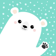 Big white polar bear waving hand paw print. Cute cartoon funny kawaii baby character. Merry Christmas Greeting Card. Flat design. Blue snow background. Greeting card.