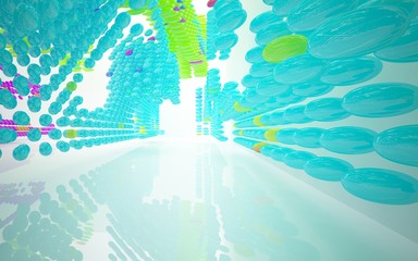 abstract architectural interior with colored smooth sculpture. 3D illustration and rendering