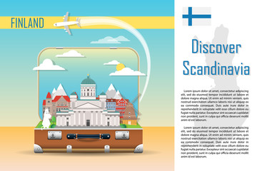 Fototapeta premium Travel background. Suitcase with landmarks of Finland. Web advertising banner. Infographic luggage with symbols. Vector illustration.
