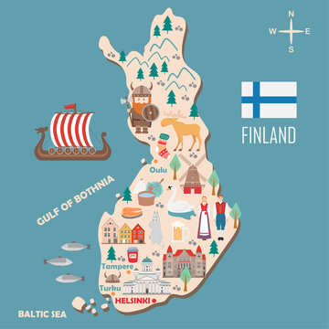 Stylized map of Finland. Travel illustration with danish landmarks, architecture, national flag, and other symbols in flat style. Vector illustration