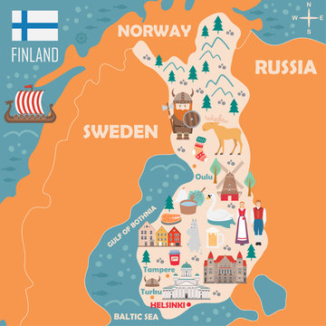 Stylized map of Finland. Travel illustration with danish landmarks, architecture, national flag, and other symbols in flat style. Vector illustration