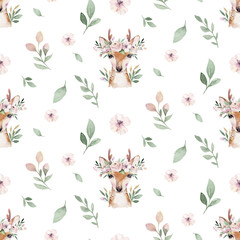 Watercolor Seamless hand illustrated floral pattern with floral leaf, pink flowers and baby deer. Watercolor boho spring wallpaper botanical background textile