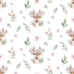 Gardinen Kinderzimmer Muster  Aquarell Nahtlose Hand illustriertes Blumenmuster mit Blumenblatt, rosa Blumen und Babyhirsch. Aquarell Boho Frühling Tapete botanischer Hintergrund Textil  © kris_art