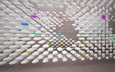 Abstract dynamic brown room interior with white and gradient colored smooth objects . 3D illustration and rendering