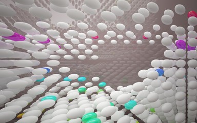 Abstract dynamic brown room interior with white and gradient colored smooth objects . 3D illustration and rendering