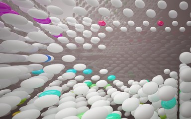 Abstract dynamic brown room interior with white and gradient colored smooth objects . 3D illustration and rendering