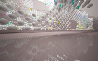 Abstract dynamic brown room interior with white and gradient colored smooth objects . 3D illustration and rendering