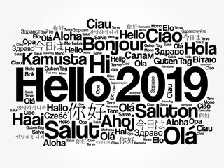 Hello 2019 word cloud in different languages of the world, background concept