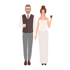 Elegant romantic couple in luxury evening outfits holding glasses with drinks isolated on white background. Fashionable man and woman dressed for party or event. Flat cartoon vector illustration.