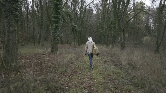 following from the back a girl walking on a path and discovering a french forest