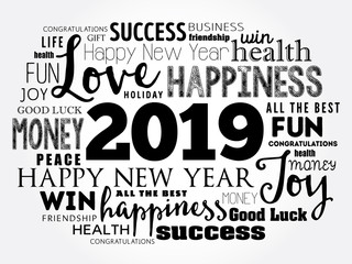 2019 year greeting word cloud collage, Happy New Year celebration greeting card