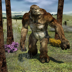 Obraz premium One big and muscular brown orc. He stands in a field with grass among the trees