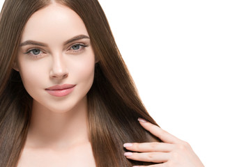 Beautiful hair smooth brunette woman beauty portrait healthy skin and haistyle 