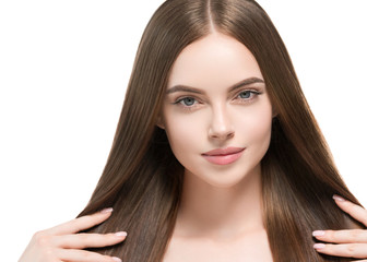 Fototapeta premium Beautiful hair smooth brunette woman beauty portrait healthy skin and haistyle 